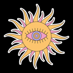 Groovy psychedelic sun sticker with eye. Cartoon print for graphic tee. Abstract trippy art