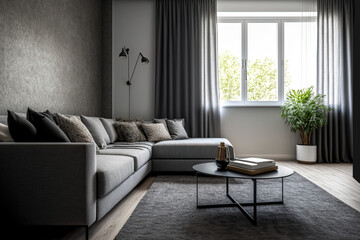 Grey carpet and a comfortable gray fabric sofa in the living room are features of a modern apartment's interior design. Generative AI