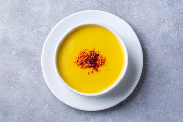 Traditional delicious Turkish foods; Red lentil soup (Turkish name; Mercimek corbasi)