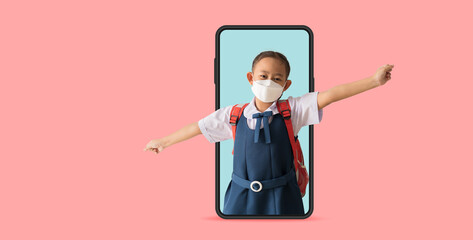 Asian school girl in uniform wear medical face mask with big smart phone frame