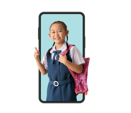 Happy asian school girl in uniform with big smart phone frame