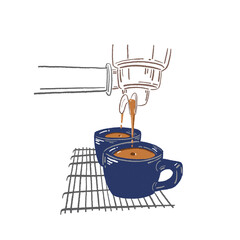 Espresso Machine Coffee Brewing Barista Cafe Hand drawn color illustration