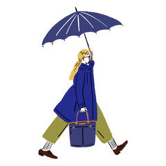 Woman holding umbrella City people lifestyle Hand drawn color Illustration