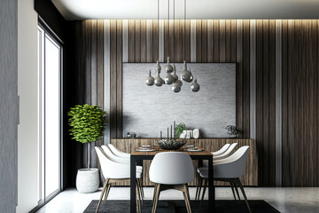Interior design of the dining room and living room, with a wooden wall texture in the background. Generative AI