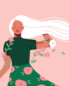 Girl with flowing hair in a pink summer breeze. Flower petals and vines. Flat vector eps.