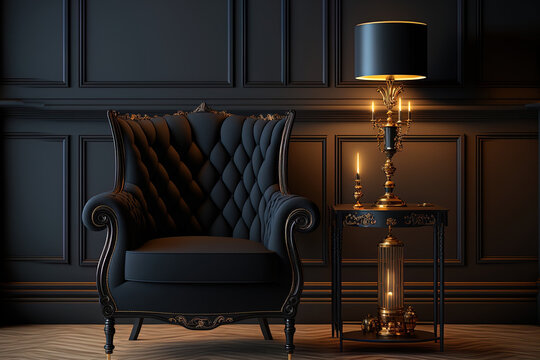 Armchair, fireplace, candle, coffee table, floor lamp, and carpet can be found in a traditional black room. mock up for an illustration. Generative AI