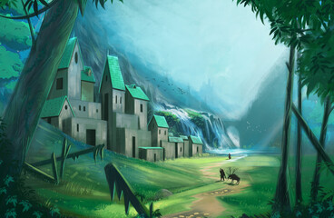 Green Valley. isometric landscape. gaming background.  background art. fantasy digital art. old village view.  
