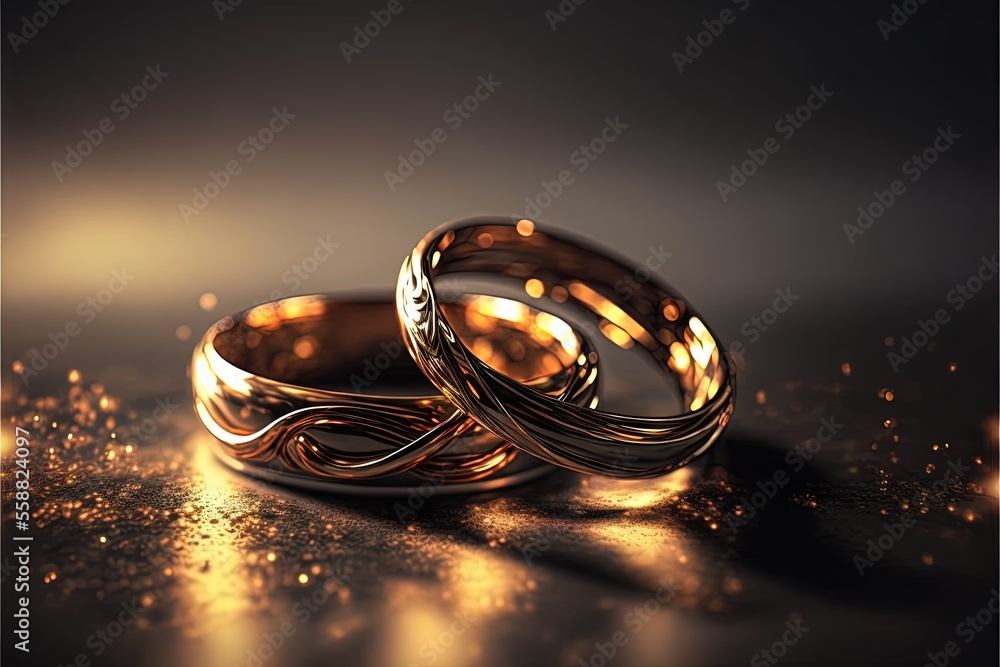 Poster two gold wedding rings on a shiny surface with a sparkle effect in the background, with a black back