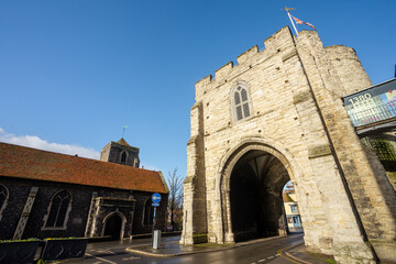 Westgate Towers and Museum in Canterbury , medieval gate in old towns streets during winter at Canterbury , United Kingdom : 4 March 2018