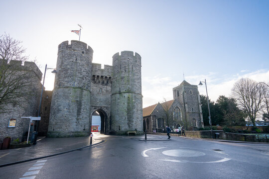 Westgate Towers and Museum in Canterbury , medieval gate in old towns streets during winter at Canterbury , United Kingdom : 4 March 2018