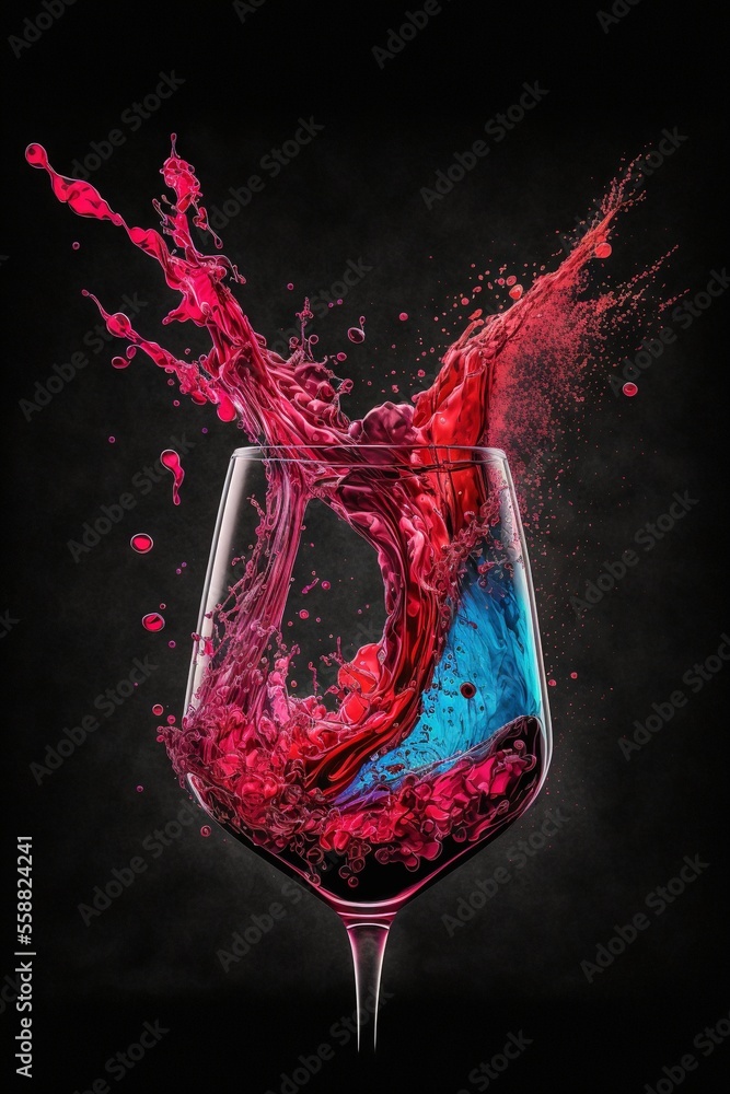 Aufkleber a glass of wine with a splash of red wine in it on a black background with a black background and a 