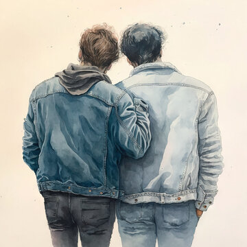  A Painting Of Two Men Standing Next To Each Other, Facing Away From The Camera, With Their Backs To The Camera, Facing Away From The Viewer, With A White Background, With. Generative AI