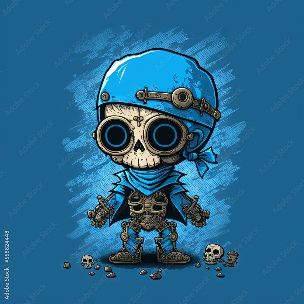 Poster a cartoon character with a blue helmet and a skeleton on a blue background with a skull in the foreg