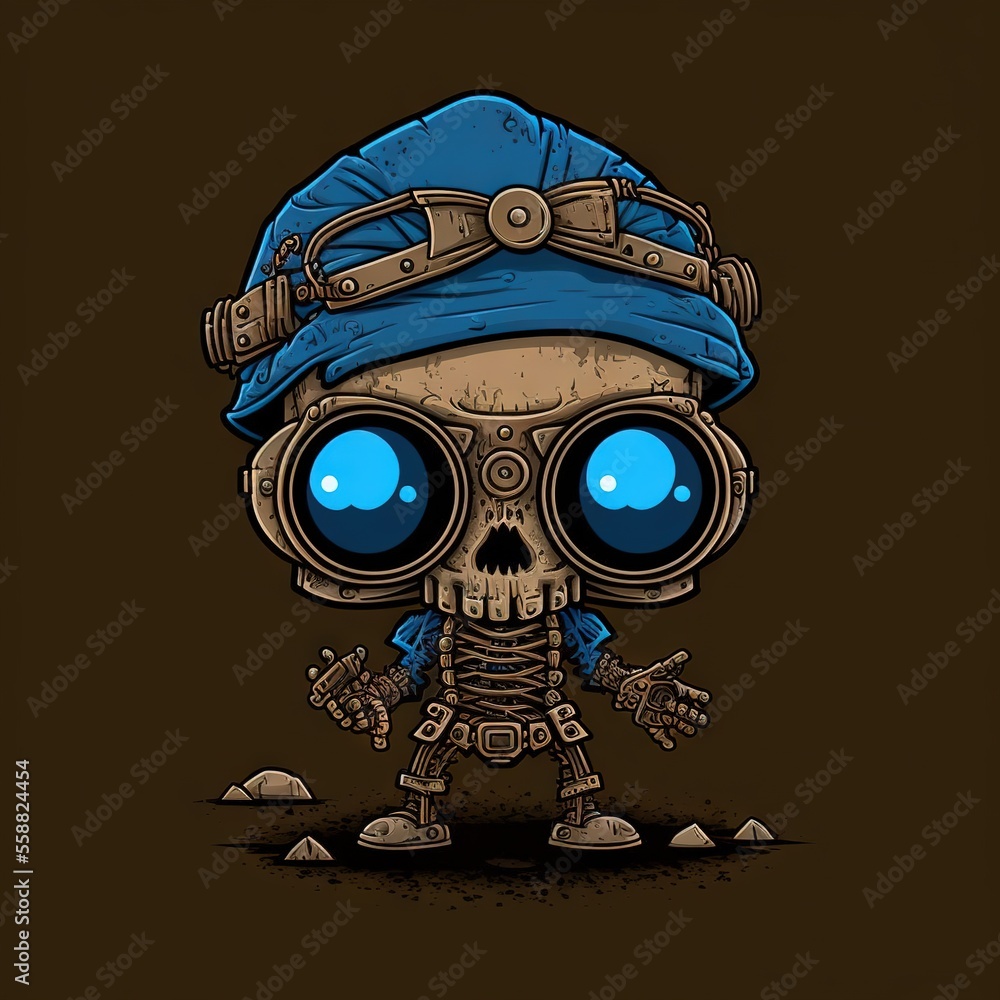 Poster a skeleton with a blue hat and goggles on it's head, standing in front of a dark background with a b