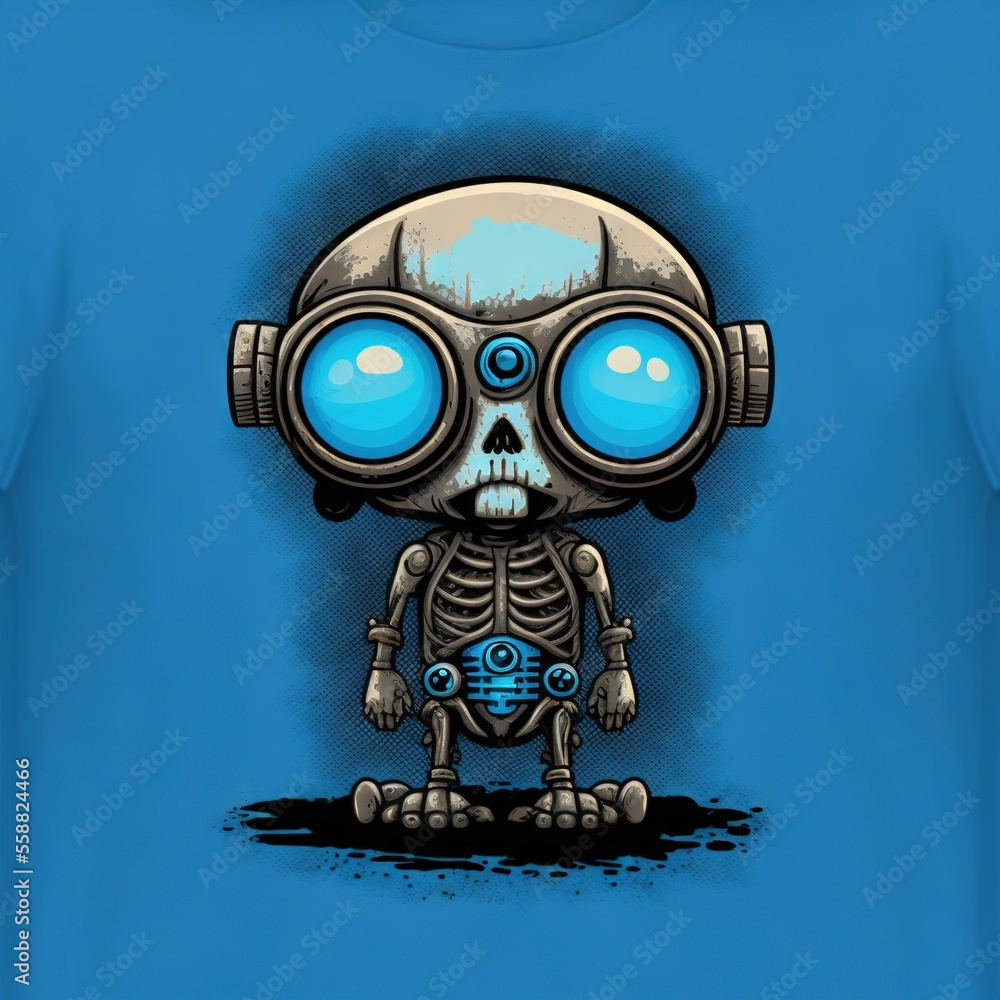 Poster a skeleton with goggles on is standing in the dirt with a blue background and a black outline on the