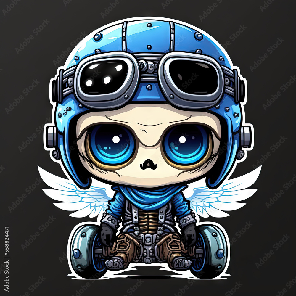 Poster a cartoon character with a helmet and wings on a black background generative ai