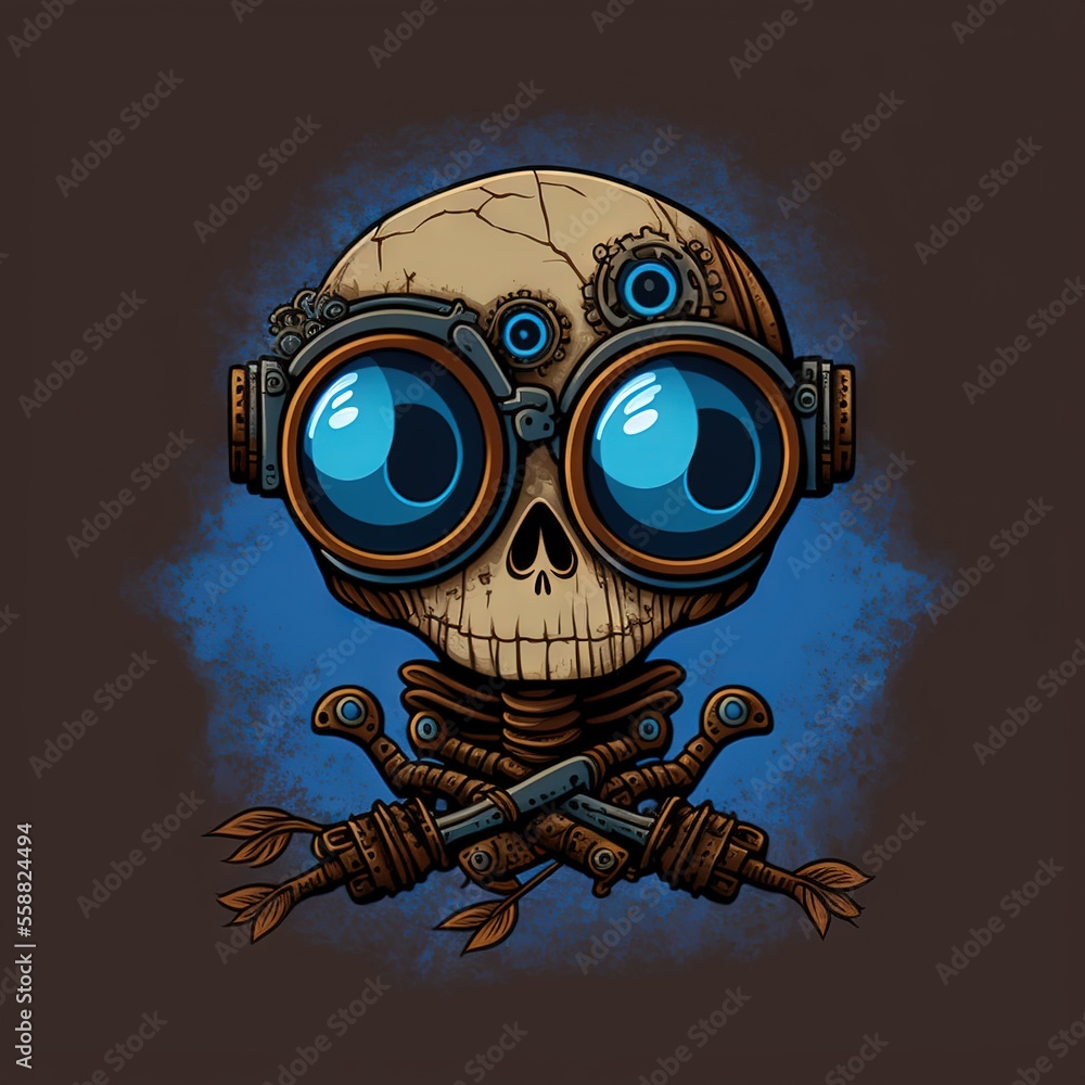 Poster a skeleton with a pair of headphones on it's face and two crossed wrenches in front of it, with a bl