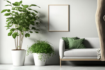 A chic interior design for the living room includes a wooden recliner, mock up poster frame, plants, and original home decor. a wall of eucalyptus. housing staging Template. Copy space. Generative AI
