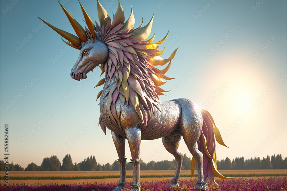 Poster a statue of a unicorn standing in a field of flowers with the sun shining behind it and a blue sky w