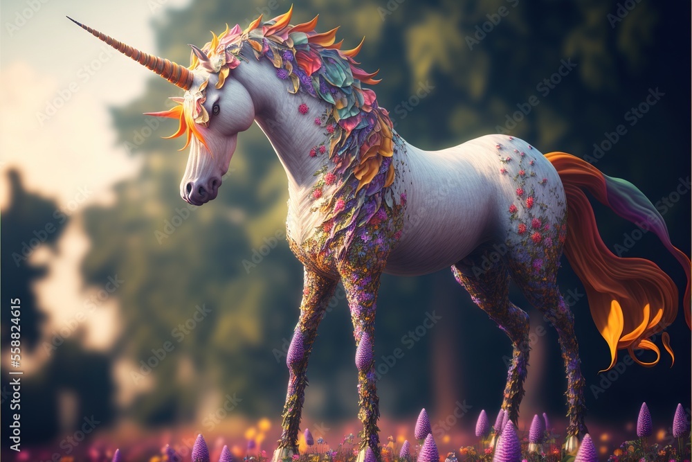 Poster a unicorn with a long mane standing in a field of flowers with trees in the background and a sky bac