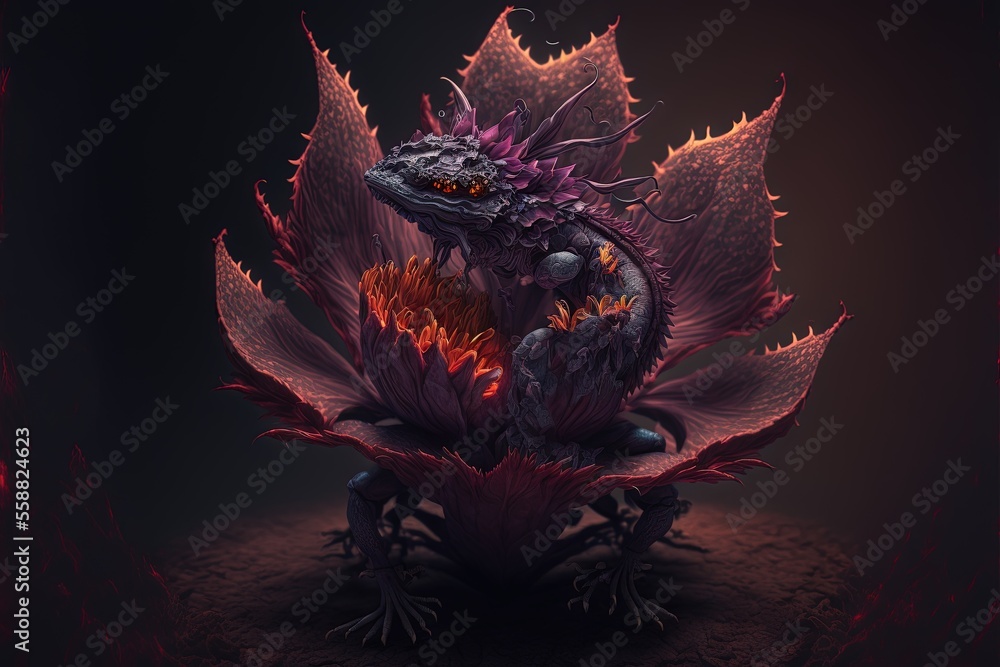 Poster a dragon statue sitting on top of a red flower arrangement in a dark room with a black background an