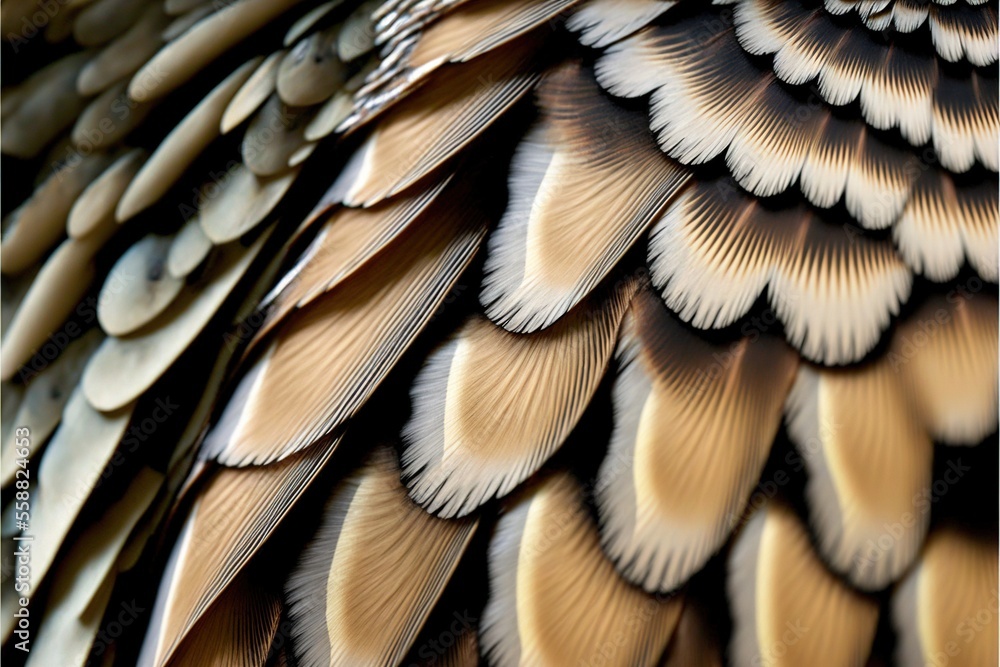 Poster a close up of a bird's feathers with a brown and white pattern on it's feathers and a black backgrou