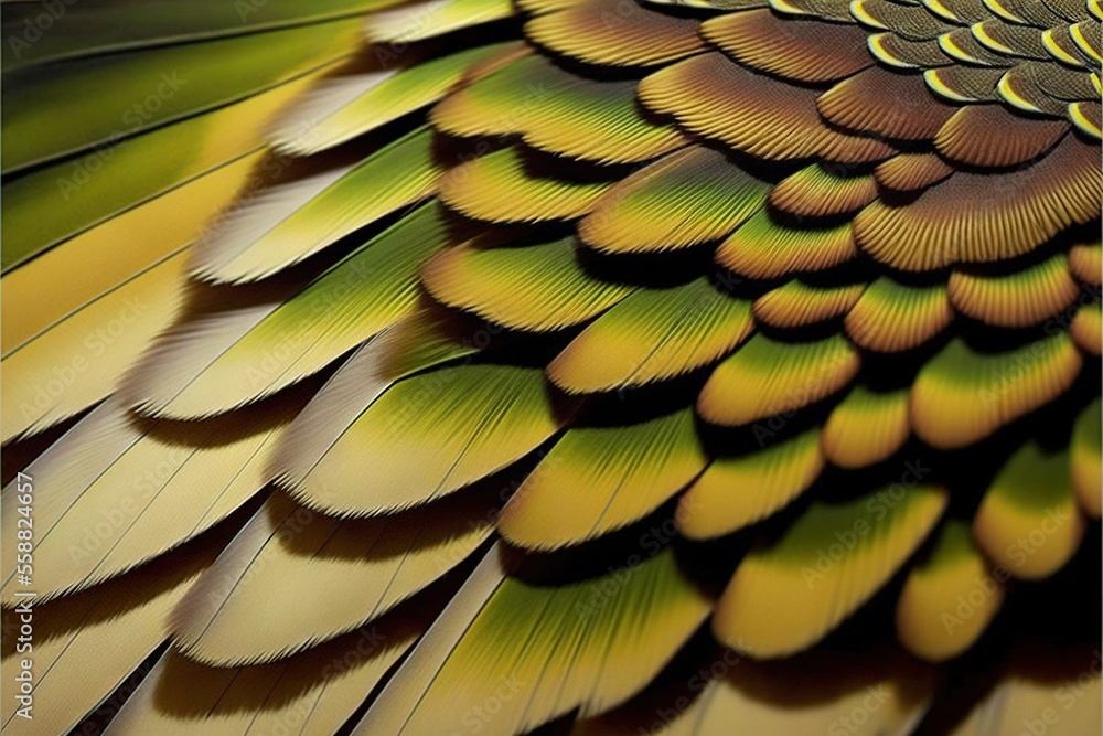 Poster a close up of a green and yellow bird's feathers pattern on a white background with a black border a