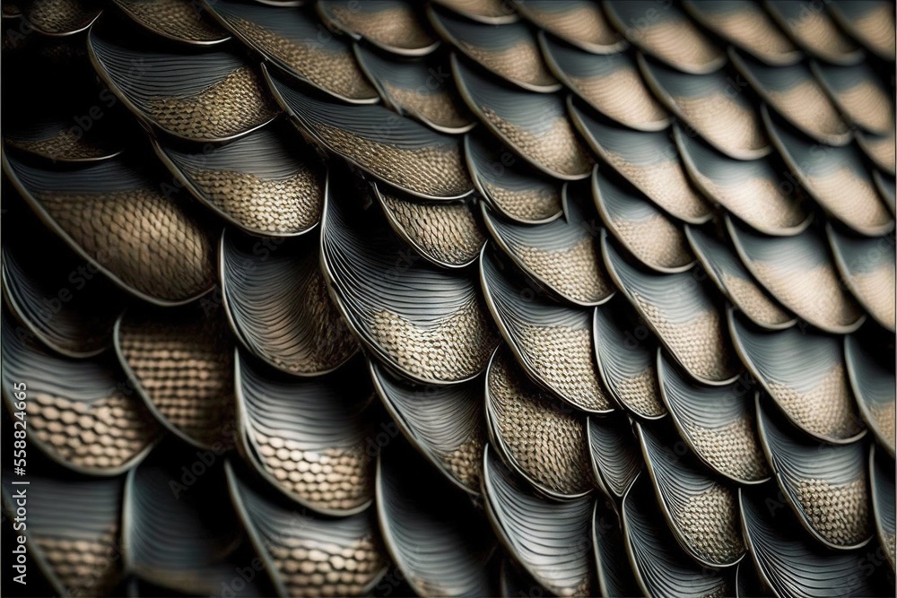 Poster a close up of a metal wall with a pattern of feathers on it's side and a black background with a whi