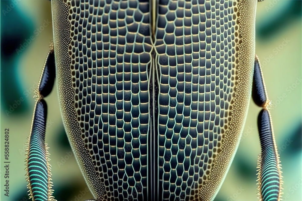 Poster a close up of a bug with a green background and blue details on it's body and back end, with a black