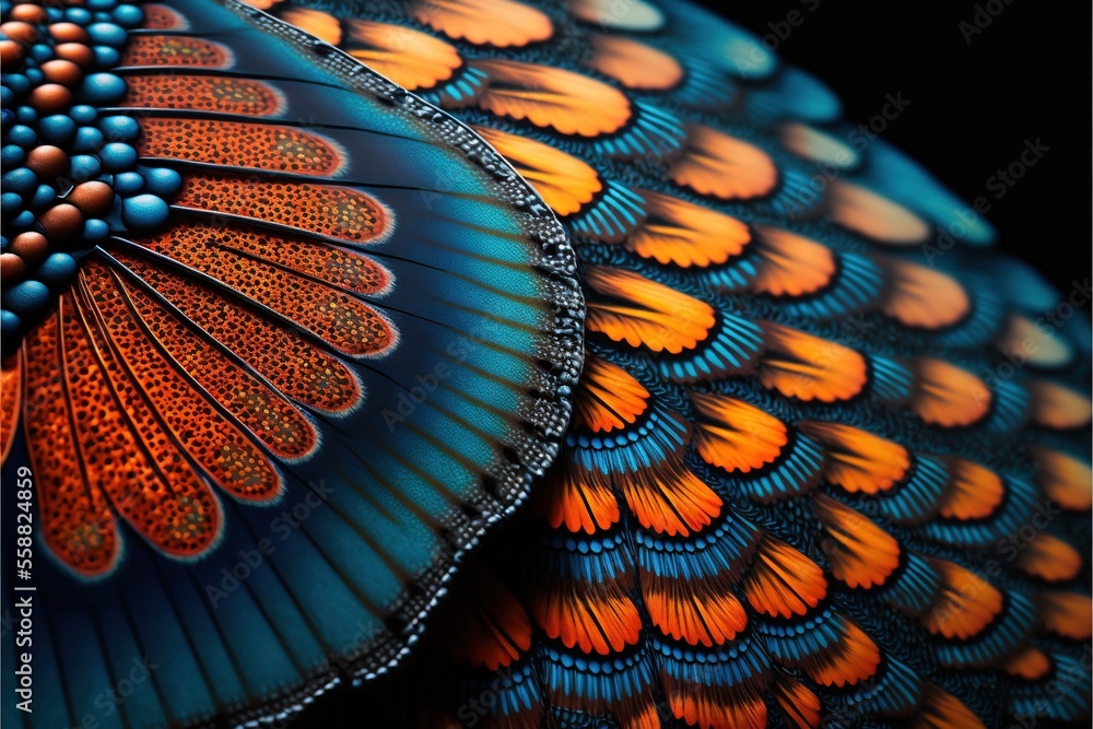 Poster a close up of a colorful umbrella with a black background and a blue and orange design on it's side 