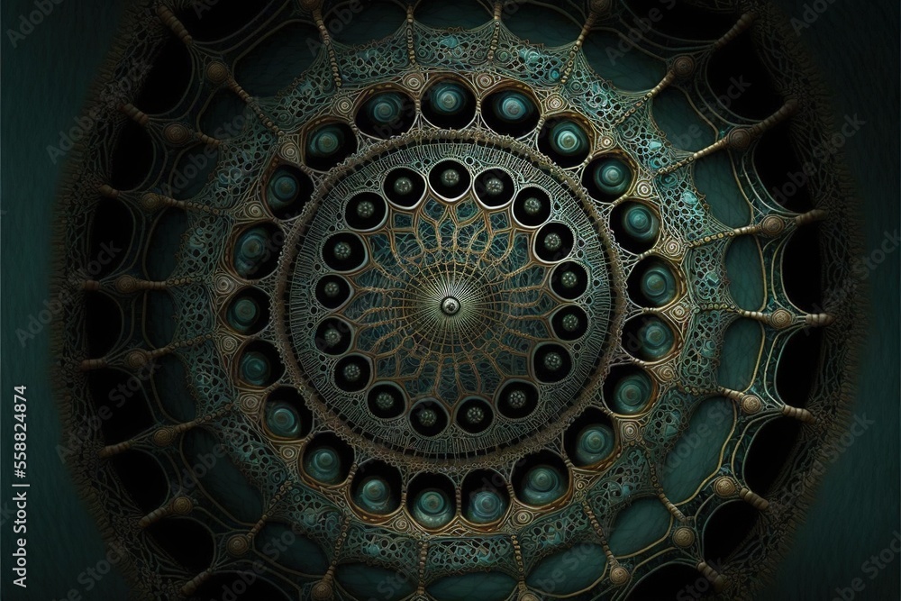 Poster a circular design with many circles in the center of it, in a dark green background, with a black ce