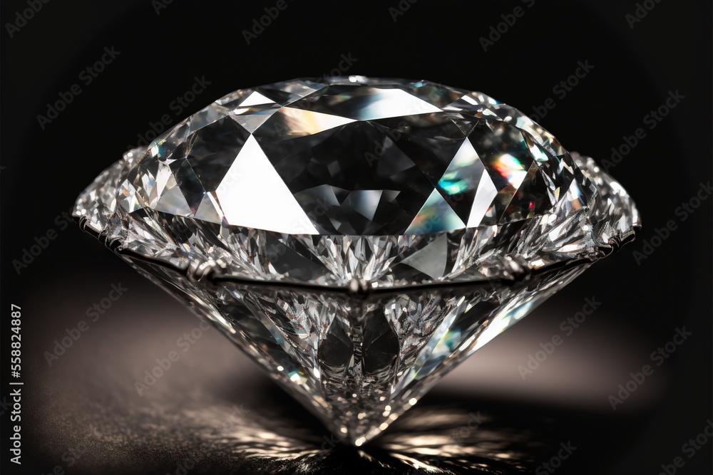 Poster a diamond is shown on a black surface with a reflection of the diamond in the center of the image an