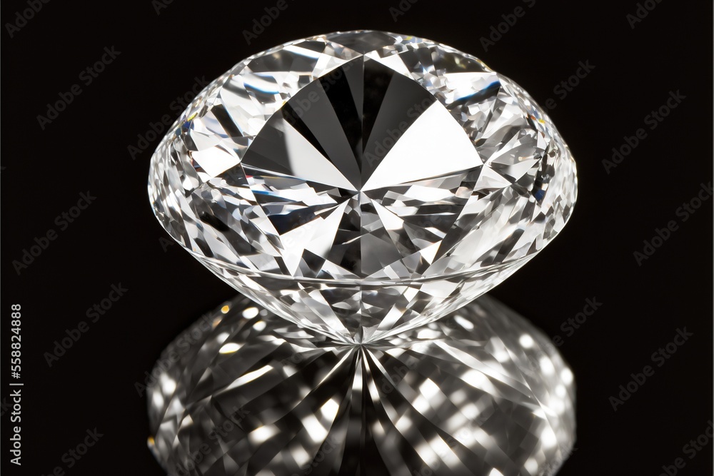 Poster a diamond is shown on a black background with a reflection of it's face in the glass surface and the