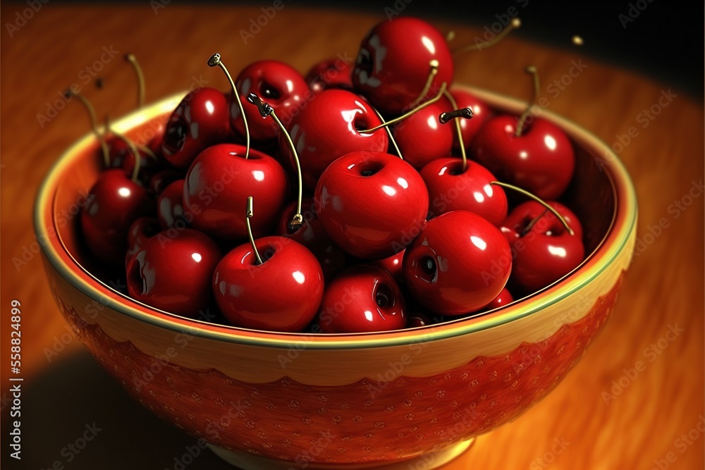 Poster a bowl of cherries on a table top with a wooden table top in the background and a wooden table top i