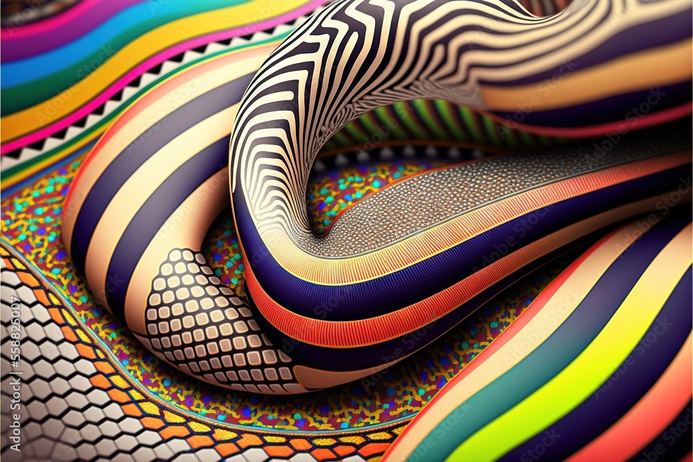 Poster a colorful abstract painting with a spiral design on it's surface and a black background with a whit