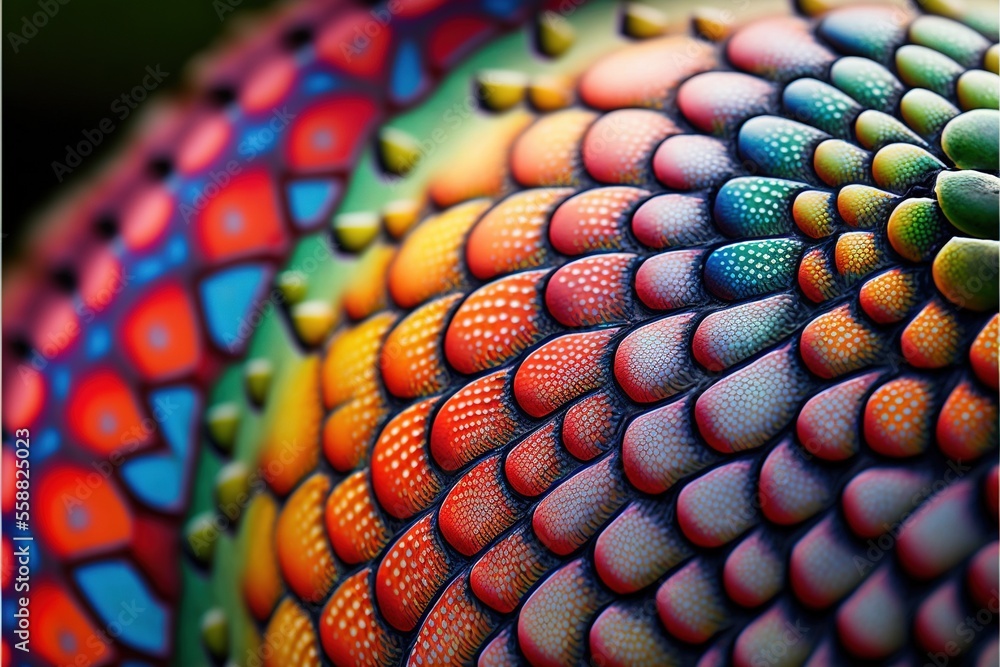 Poster a colorful object with a lot of dots on it's surface and a black background with a red border around