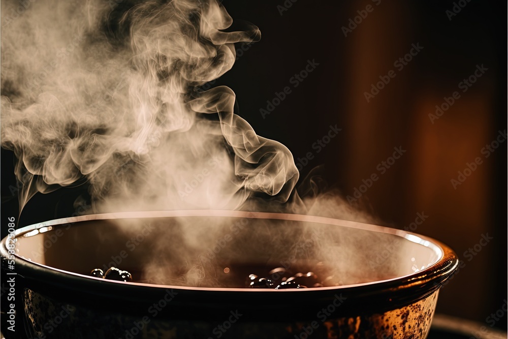Poster a steaming pot with steam coming out of it and steam coming out of the top of it, with a black backg