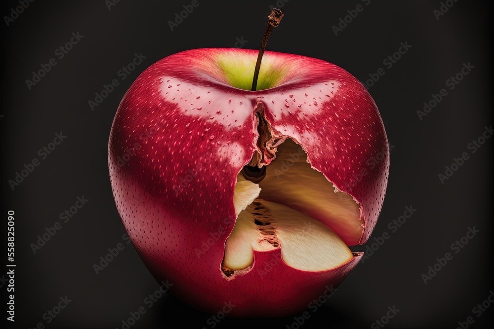 Poster a red apple with a bite taken out of it's core and a black background behind it with a black backgro