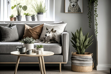 Interior of a Scandinavian living room featuring a gray sofa, a wooden coffee table, decorations, plants, a shelf, a vase of spring flowers, and stylish personal accessories for home decor. Generative