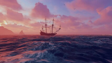 Ancient three-masted ship at sea - Powered by Adobe