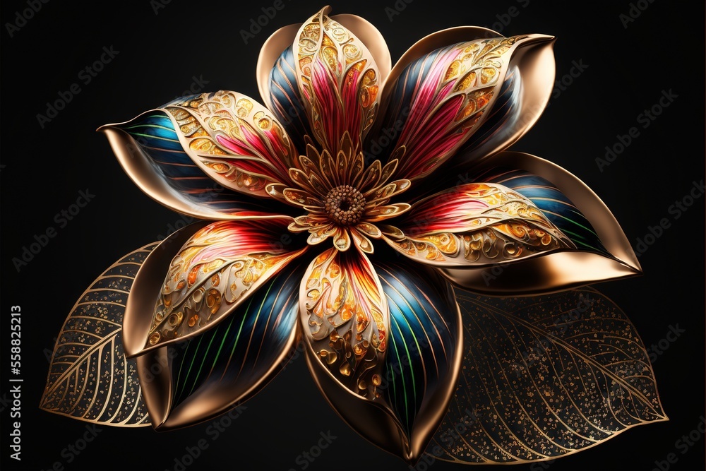 Aufkleber a colorful flower with gold leaves on a black background with a gold frame around it and a black bac