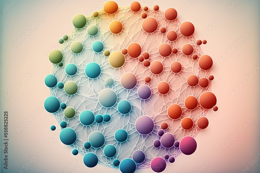 Poster a group of colorful balls connected to each other on a white background with a blue border around th