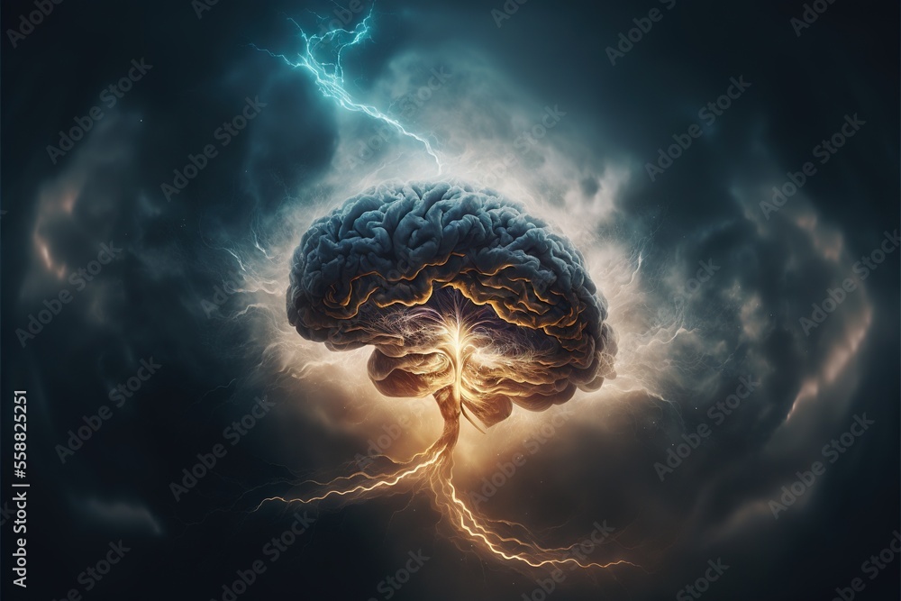 Poster a brain with lightning in the background and a lightning bolt in the middle of it, with a dark backg