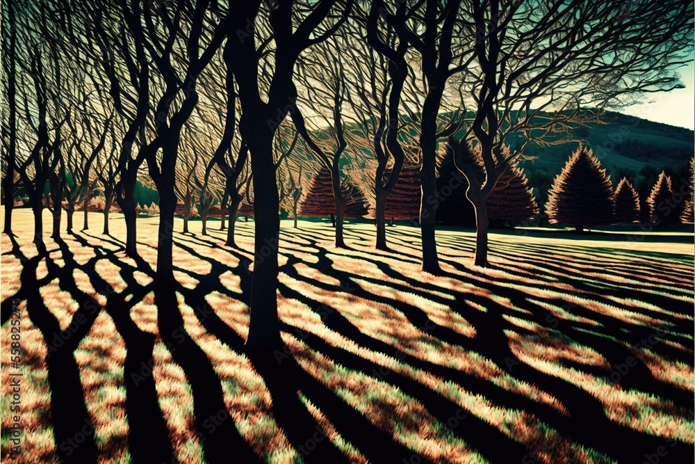 Poster a painting of a line of trees casting long shadows on the ground in a field of grass and grass with 
