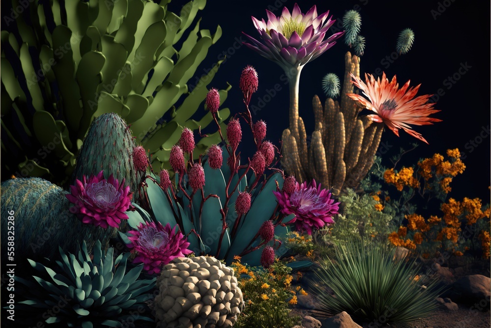 Aufkleber a bunch of different types of plants and flowers in a field at night time with a full moon in the sk