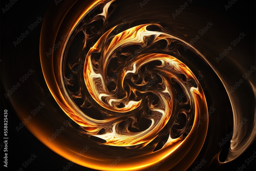 Poster a computer generated image of a spiral design in orange and yellow colors on a black background with