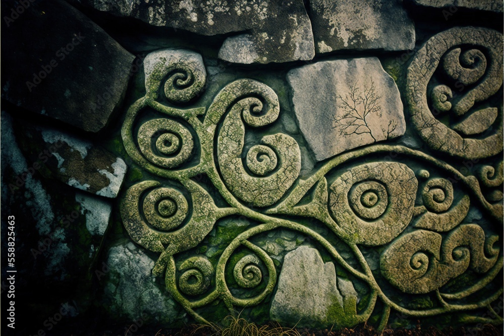 Poster a stone wall with a tree design on it's side and a rock wall behind it with moss growing on it and a