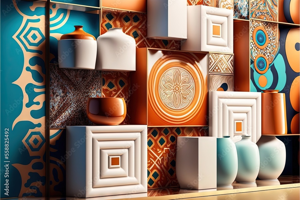 Poster a wall with a bunch of vases on it and a wall with a lot of different designs on it and a shelf with