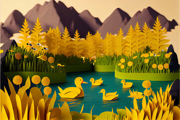 Natural scenery in summer with yellow ducks swimming in the river