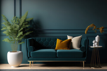 Interior of cozy modern living room with sofa against blank, dark blue wall. Generative AI